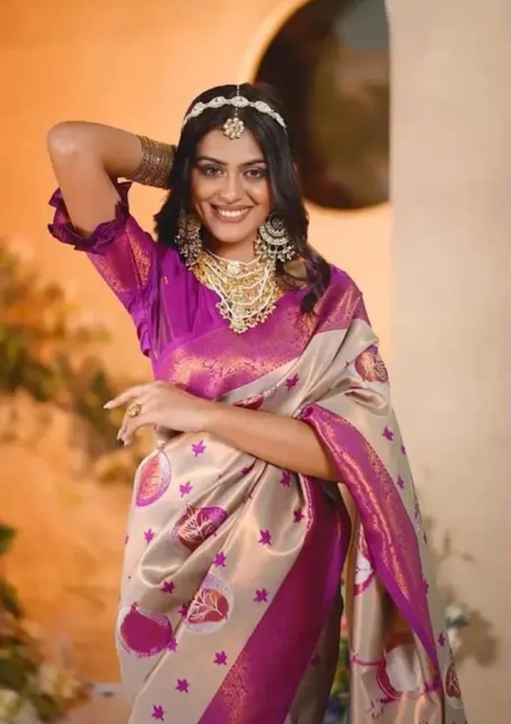 Cream Banarasi Silk Saree