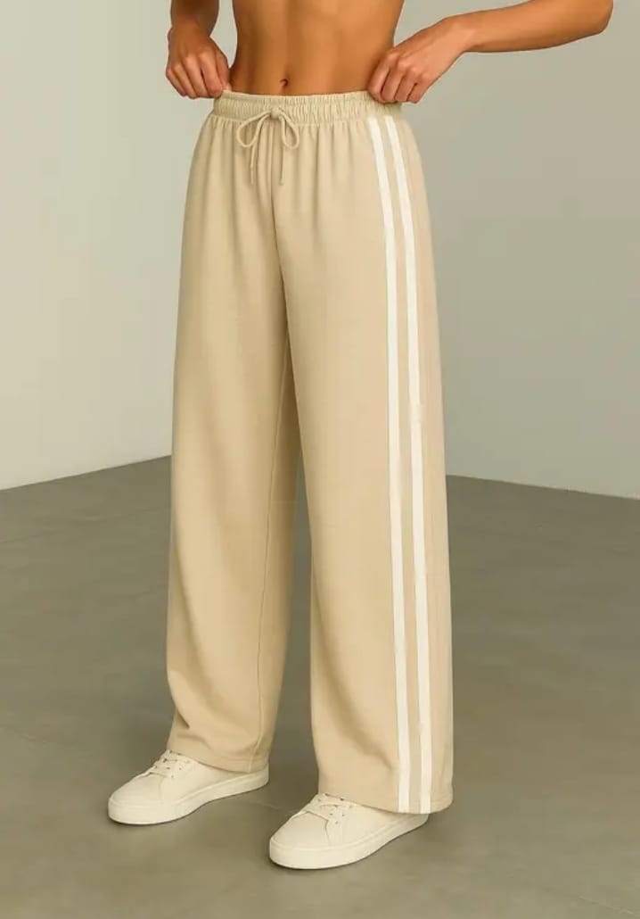 Beige Cotton Joggers with White Stripes