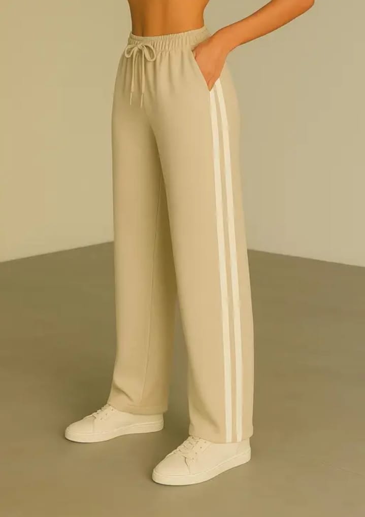 Beige Cotton Joggers with White Stripes