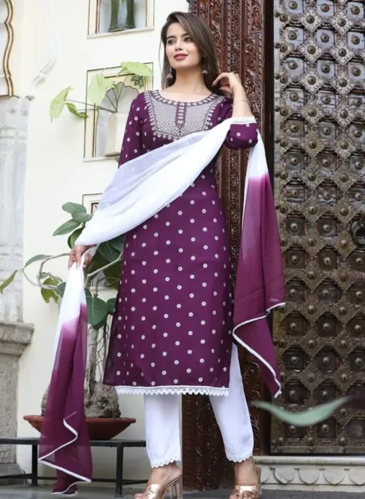 Rayon Neck Embroidery Design Purple Kurta with White Pant