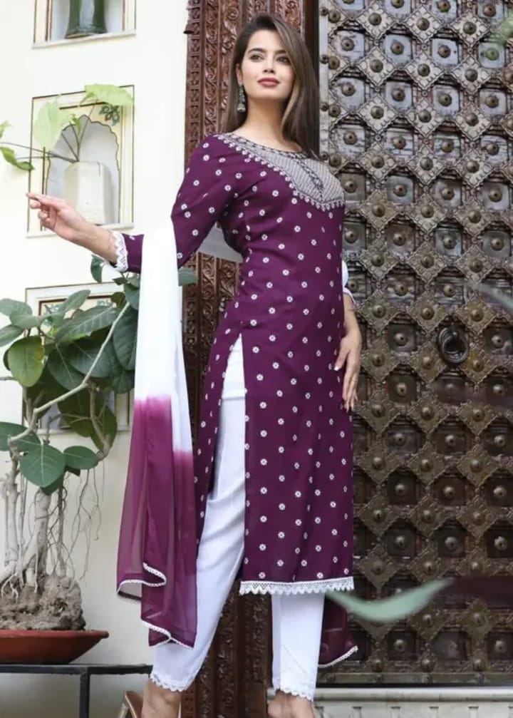 Rayon Neck Embroidery Design Purple Kurta with White Pant