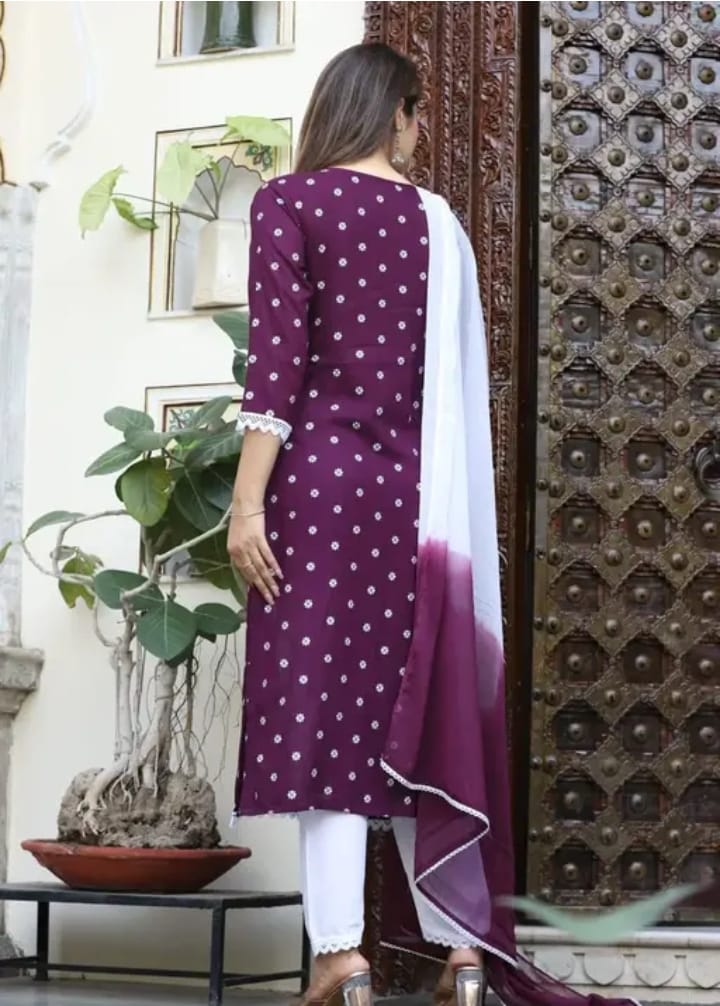 Rayon Neck Embroidery Design Purple Kurta with White Pant