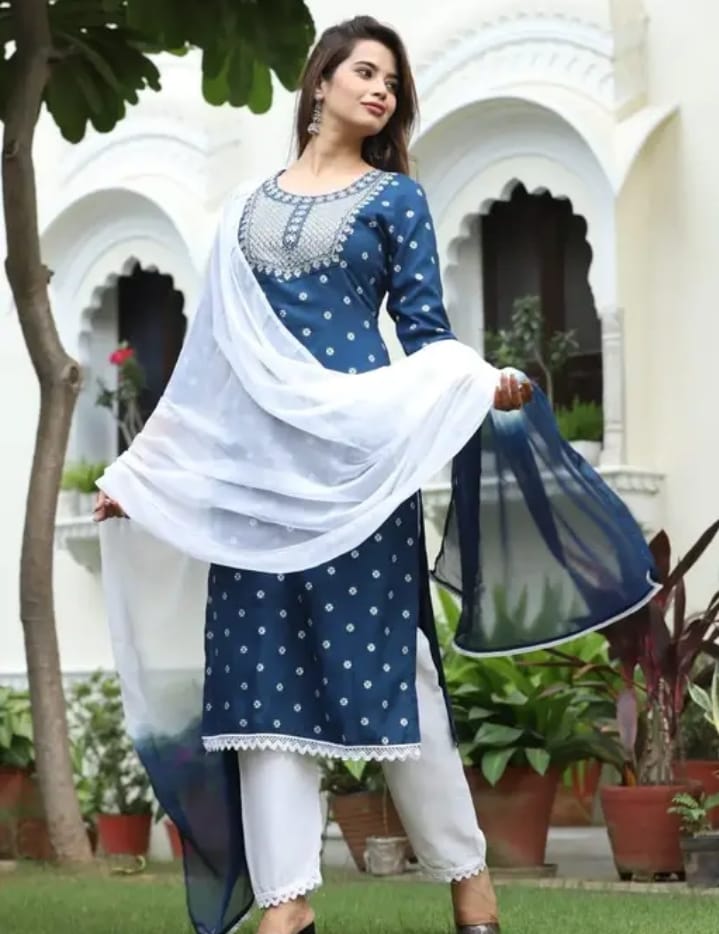 Blue rayon kurta with white pant