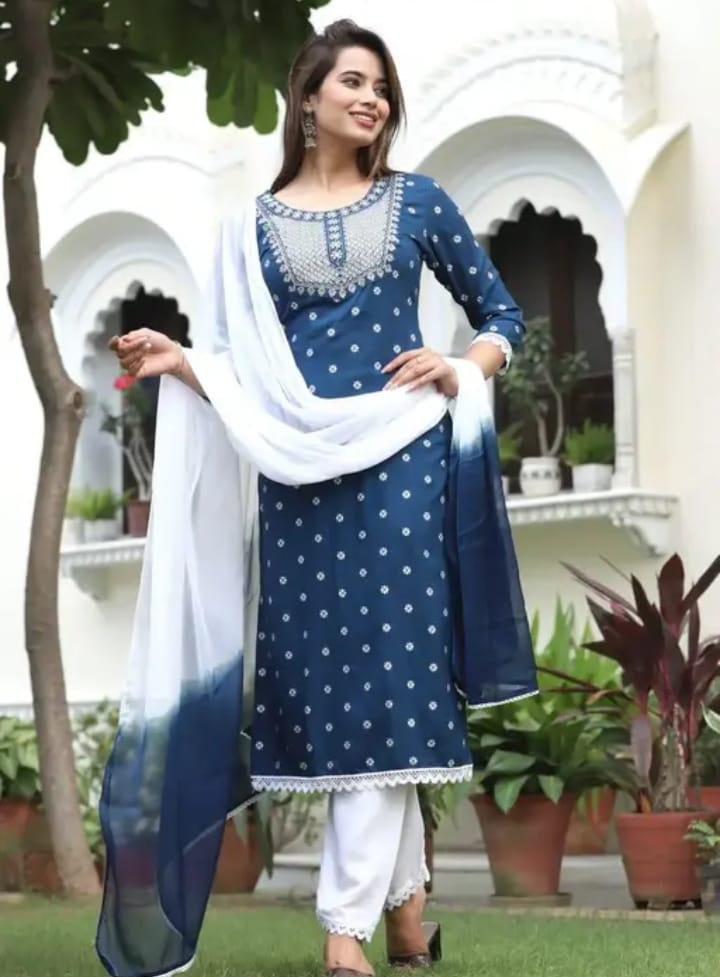 Blue rayon kurta with white pant
